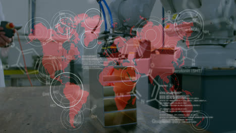 Animación-De-La-Red-De-íconos-Digitales-Sobre-El-Mapa-Mundial-Y-El-Trabajo-Del-Robot