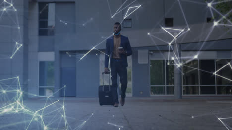 Network-of-connections-against-african-american-man-with-lowered-face-mask-with-trolley-bag-walking