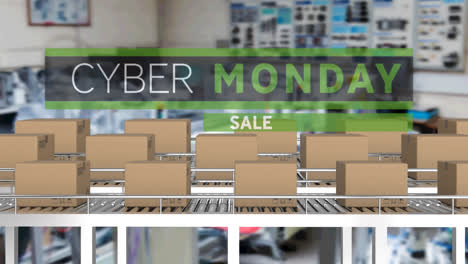 Animación-Del-Texto-Del-Cyber-Monday-Sobre-Cajas-De-Cartón-En-Cintas-Transportadoras.