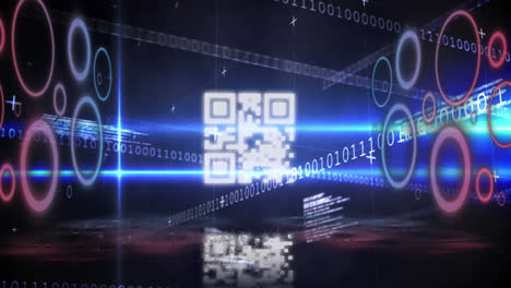 Digital-animation-of-neon-qr-code-and-glowing-circles-over-binary-coding-data-processing