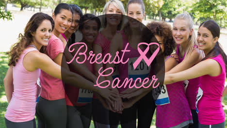 Animation-of-pink-ribbon-logo-with-breast-cancer-text-over-diverse-group-of-smiling-women