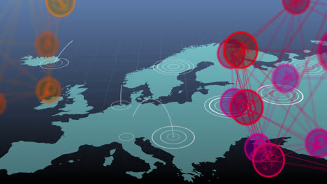 Globo-De-Iconos-Digitales-Girando-Contra-Círculos-Pulsantes-Sobre-El-Mapa-Mundial-Sobre-Fondo-Azul.