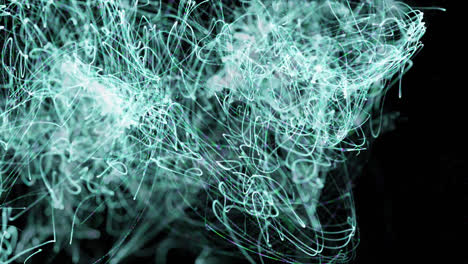 Animation-of-tangle-of-glowing-white-smoke-trails-on-black-background