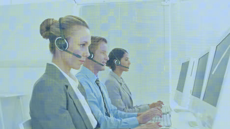 Animation-of-network-of-connections-over-business-people-wearing-phone-headsets