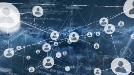 Animation-of-network-of-connections-over-cloudy-sky-and-data-processing