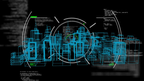 Animation-Des-Zielfernrohrscannens-über-Einer-3D-Zeichnung-Einer-Stadt-Auf-Schwarzem-Hintergrund