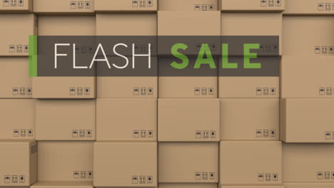 Animation-of-flash-sale-text-over-stack-of-cardboard-boxes-in-warehouse