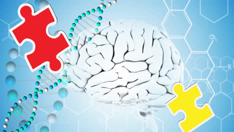 Animation-of-green,-red-and-yellow-puzzle-pieces-falling,-dna-strand-over-human-brain