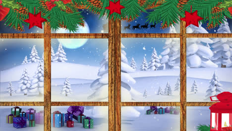 Animation-Einer-Winterlandschaft-Mit-Weihnachtsdekoration,-Gesehen-Durch-Ein-Fenster