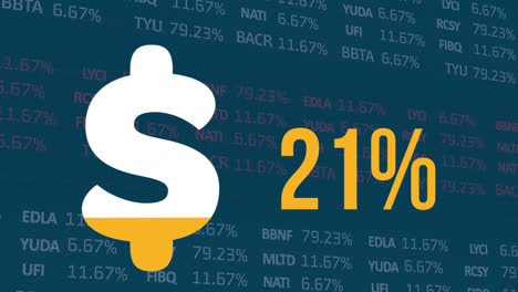 Animation-of-dollar-sign-and-percent-filling-up-with-yellow-and-financial-data-processing