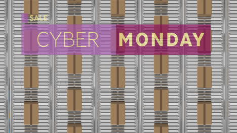 Animation-of-cyber-monday-text-over-cardboard-boxes-on-conveyor-belts-in-warehouse