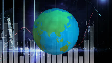 Animación-Del-Globo-Girando-Sobre-Una-Interfaz-Con-Procesamiento-De-Datos-Estadísticos-En-Gráficos.