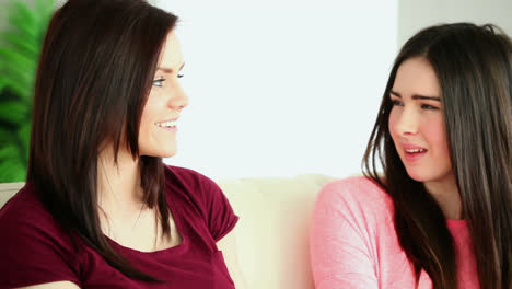 Two-young-friends-sitting-on-the-couch-chatting-