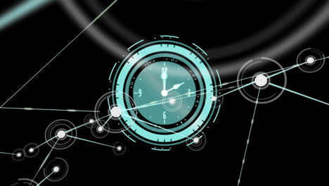 Animation-of-clock-with-rotating-hands-and-network-of-connections-on-black-background