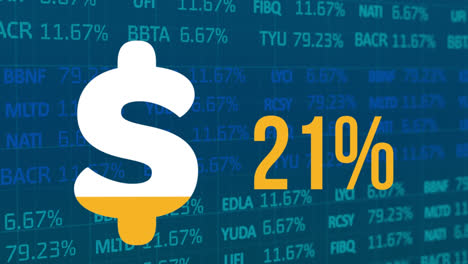 Animation-of-dollar-sign-and-percent-filling-up-with-yellow-over-financial-data-processing