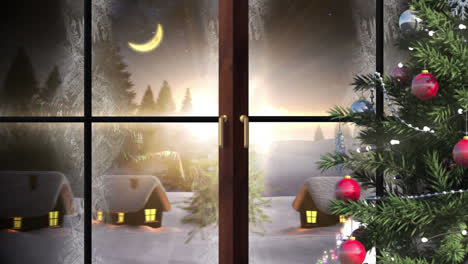 Animation-Einer-Winterlandschaft-Mit-Weihnachtsdekoration,-Gesehen-Durch-Ein-Fenster