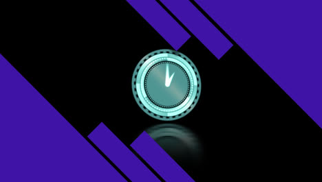 Animation-of-purple-rectangles-and-clock-with-rotating-hands-on-black-background