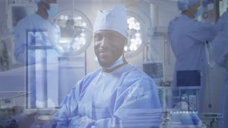 Composite-of-portrait-of-smiling-male-surgeon,-and-surgeons-preparing-for-operating-theatre