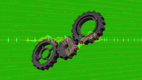 Animation-of-gears-rotating-over-diverse-data-on-green-background