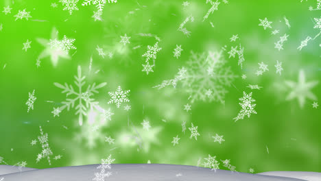 Animation-of-snow-falling-over-green-background