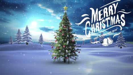 Animation-of-christmas-greetings-over-winter-landscape-background-with-christmas-tree