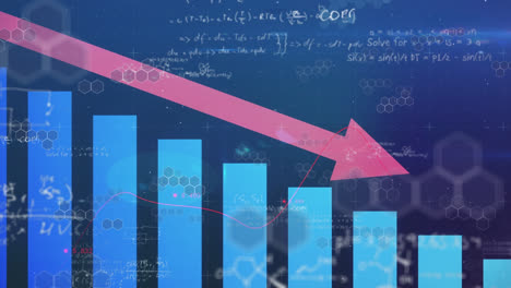 Animation-Von-Pfeil-Und-Graph-über-Chemischen-Formeln-Auf-Dunkelblauem-Hintergrund