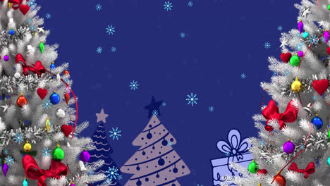 Animation-of-snow-falling-over-christmas-tree-on-blue-background