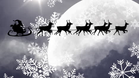 Animación-De-Papá-Noel-En-Trineo-Con-Renos-Sobre-La-Nieve-Cayendo-Sobre-La-Luna.