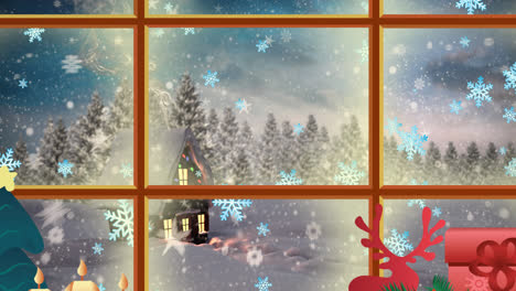 Animation-of-snow-falling-over-house-with-christmas-fairy-lights-seen-through-window