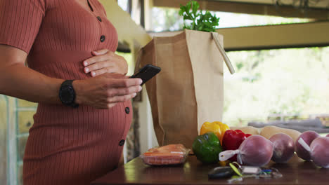 Midsection-of-happy-caucasian-pregnant-woman-touching-belly,-using-smartphone-in-kitchen