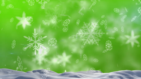 Animation-of-snow-falling-over-green-background