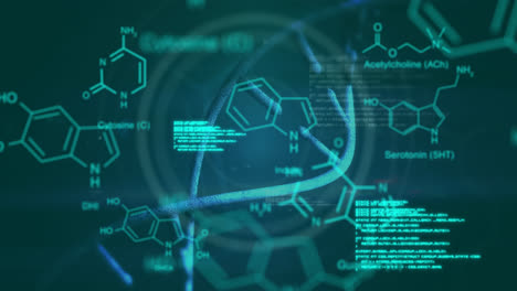 Animation-Der-Datenverarbeitung-Und-Der-Chemischen-Formel-über-Einem-DNA-Strang