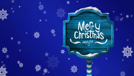 Animation-of-falling-snowflakes-over-wooden-sign-with-merry-christmas-text