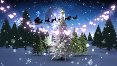 Animation-of-christmas-lights-and-santa-sleigh-in-night-winter-landscape