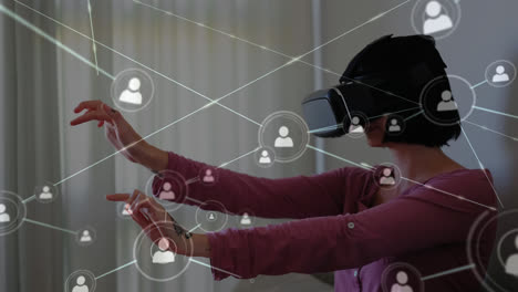 Animation-of-network-of-connections-over-caucasian-woman-using-vr-headset