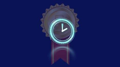 Animation-of-clock-moving-fast-over-1st-place-badge-on-blue-background