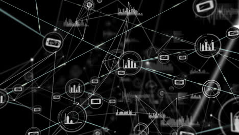 Animation-Des-Verbindungsnetzwerks-Mit-Symbolen-Auf-Schwarzem-Hintergrund