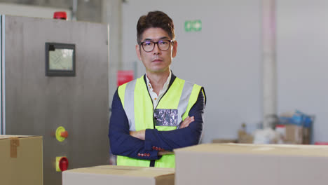 Retrato-De-Un-Trabajador-Asiático-Con-Traje-De-Seguridad-Y-Sonriendo-En-El-Almacén