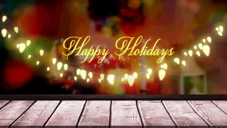 Animation-of-fairy-lights-and-happy-holidays-text-over-wooden-boards