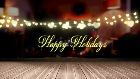 Animation-of-fairy-lights-and-happy-holidays-text-over-wooden-boards