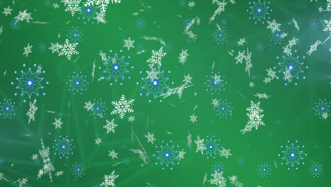 Animation-of-falling-snowflakes-on-green-background