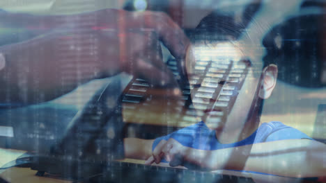 Animation-of-data-processing-and-hands-typing-on-keyboard-over-asian-boy-using-computer