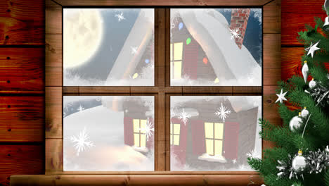 Animation-of-snow-falling-over-house-with-christmas-fairy-lights-seen-through-window