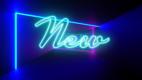 Animation-Eines-Neuen-Textes-In-Blauem-Neon-Mit-Bunten-Neonlichtstrahlen,-Die-Sich-Auf-Schwarzem-Hintergrund-Bewegen