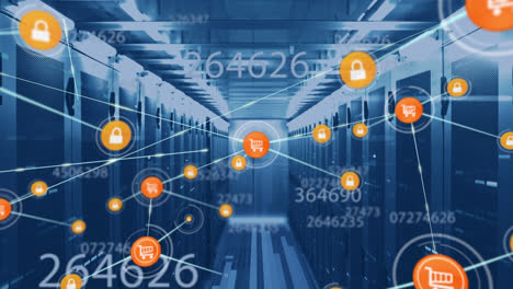 Animation-of-network-of-connections-with-digital-icons-and-numbers-over-computer-servers