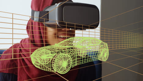 Animation-of-digital-3d-drawing-of-car-over-woman-using-vr-headset