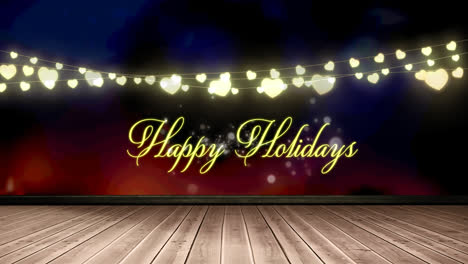 Animation-of-fairy-lights-and-happy-holidays-text-over-wooden-boards