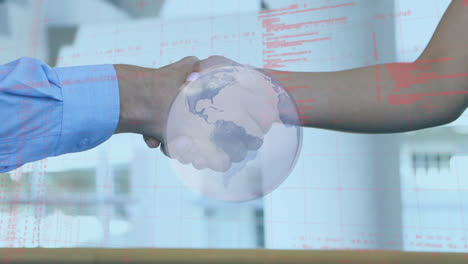 Animation-of-data-processing-and-globe-over-diverse-business-people-holding-hands