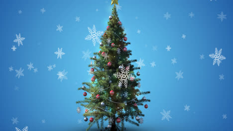 Animation-Von-Schnee,-Der-über-Den-Weihnachtsbaum-Auf-Blauem-Hintergrund-Fällt