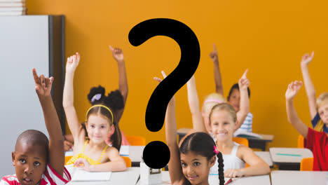 Animation-of-black-question-mark-over-diverse-elementary-schoolchildren-raising-hands-in-class